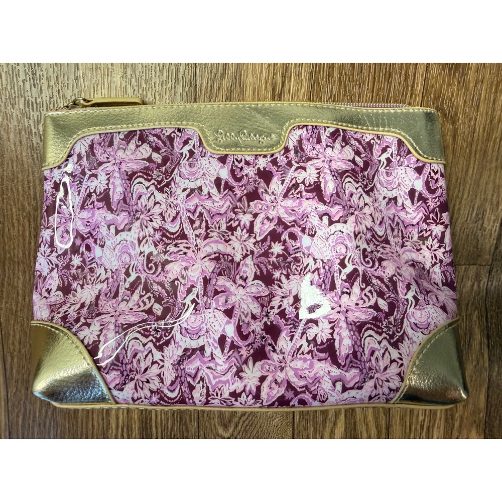 Lilly Pulitzer Purple Elephant Print Cosmetic Bag Gold Metallic Trim Pouch
